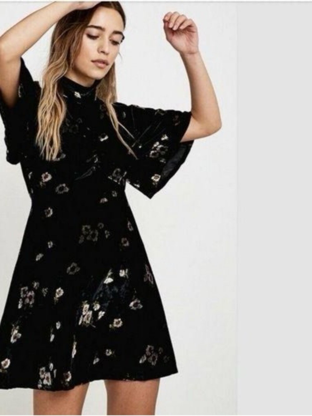 Free People Be My Baby Black Floral Velvet Mini Dress with Flutter Sleeves Sz 2 - Picture 2 of 11